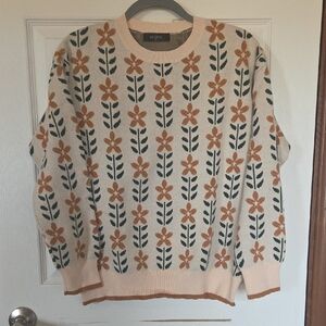 Floral Crewneck Sweater - Cream and Burnt Orange And Green